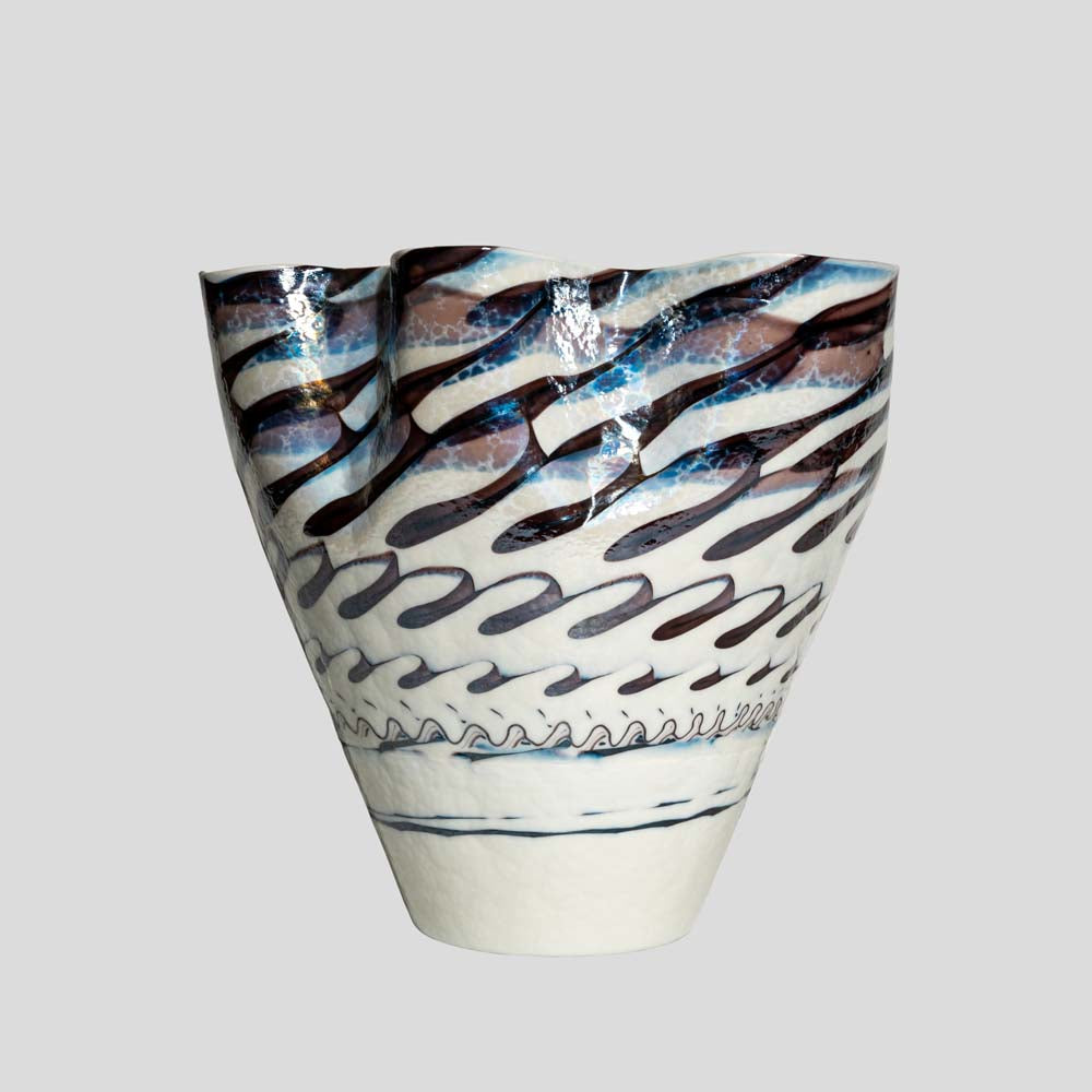 Vintage Murano white iridescent wavy decor vase