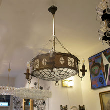 Load image into Gallery viewer, French Art Nouveau Hammered Brass Chandelier with Textured Glass Shade
