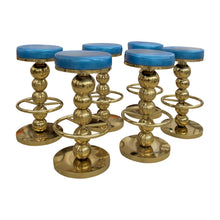 Load image into Gallery viewer, Set of 6 Vintage Brass Bar Stools with Blue Leather Seats, Italian 1970s–80s
