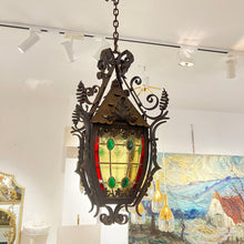 Load image into Gallery viewer, Late 19th-Century French Napoleon III Wrought-Iron Lantern with Stained Glass
