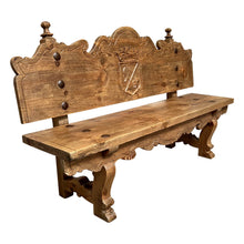 Load image into Gallery viewer, 1920s Oak Heraldic Bench with Spanish &amp; French Royal Alliance Crest
