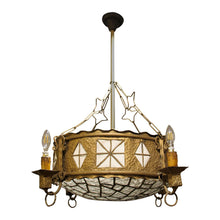 Load image into Gallery viewer, French Art Nouveau Hammered Brass Chandelier with Textured Glass Shade
