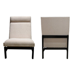 1960s Danish structural tall back armchairs newly upholstered with a bouclé fabric