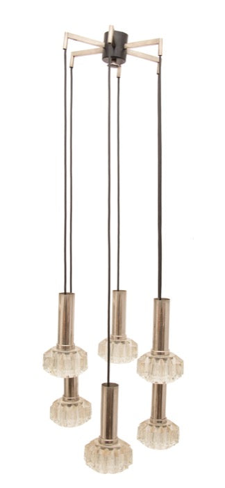 1970s 6 Shade Glass and Chrome Hanging Light