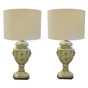 French 1950s Pair Of Hand Painted Toleware Table Lamps