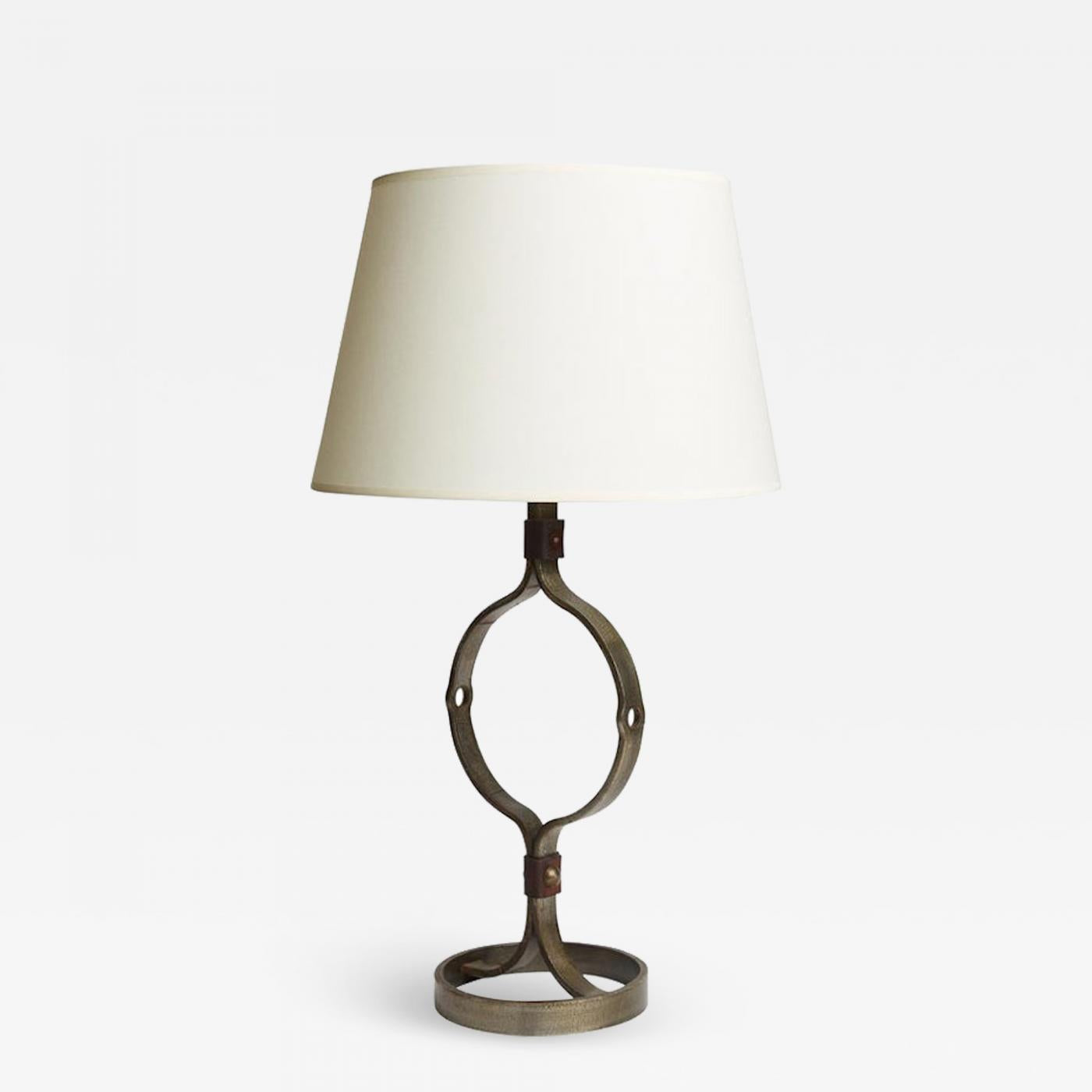 Mid-Century Iron and Leather Table Lamp by Jean-Pierre Ryckaert