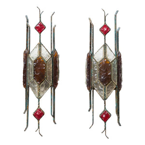 Pair of Hammered Glass on wrought Wall Lights By Longobard
