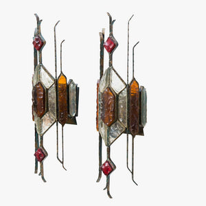 Pair of Hammered Glass on wrought Wall Lights By Longobard