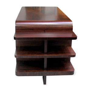 1930s French, walnut art deco large partners desk with side shelves