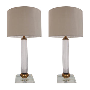 1970s Italian cylindrical Lucite and brass pair of table lamps