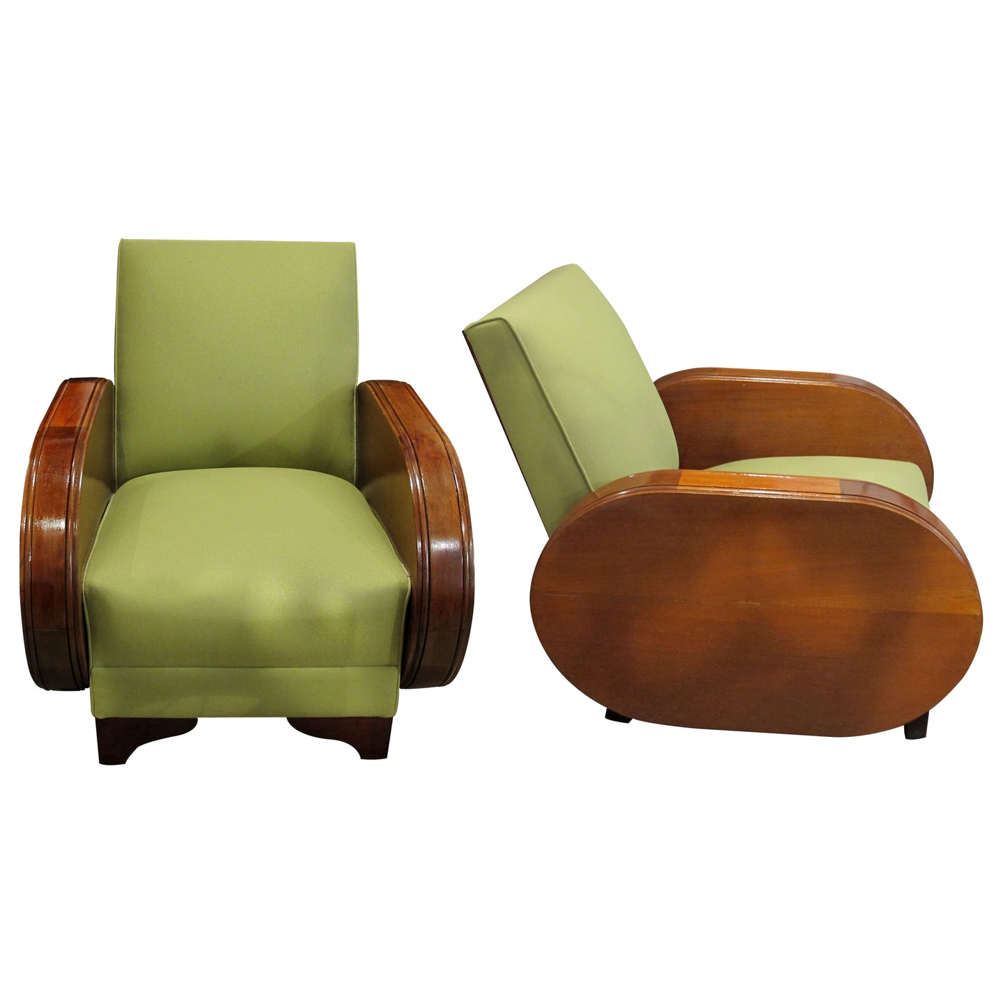 1930s northern European art deco pair of armchairs upholstered in a green fabric