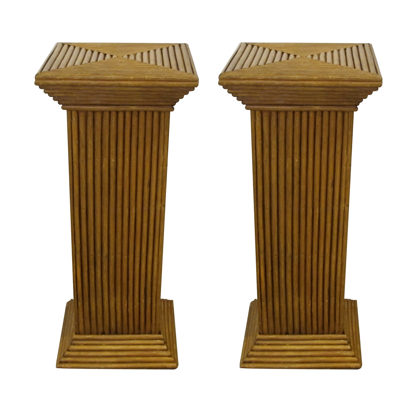Mid -century pair of hand-crafted rattan pedestals, columns, plant stands