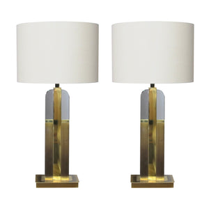 1970s Italian pair of Lucite and brass table lamps