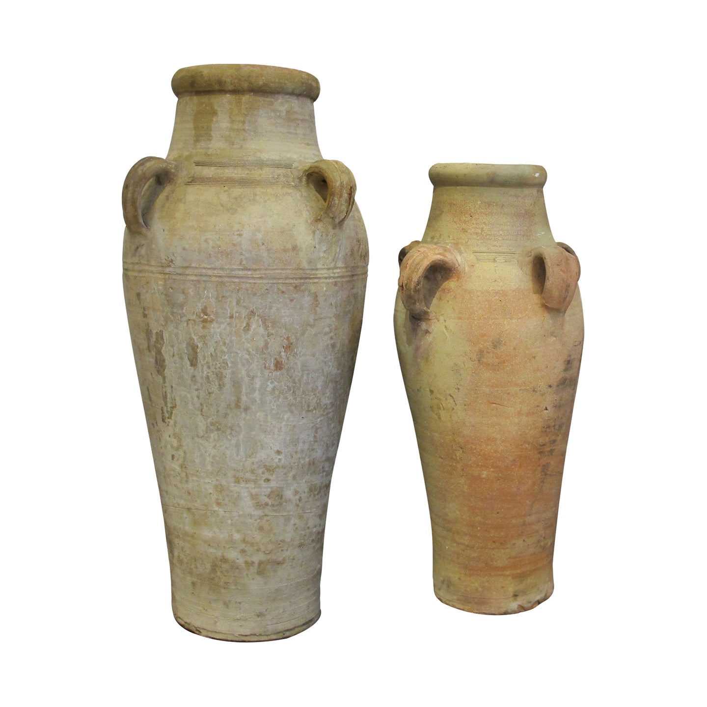 Mid-century set of two Greek Alexandrino terracotta amphoras, planters/urns/jars