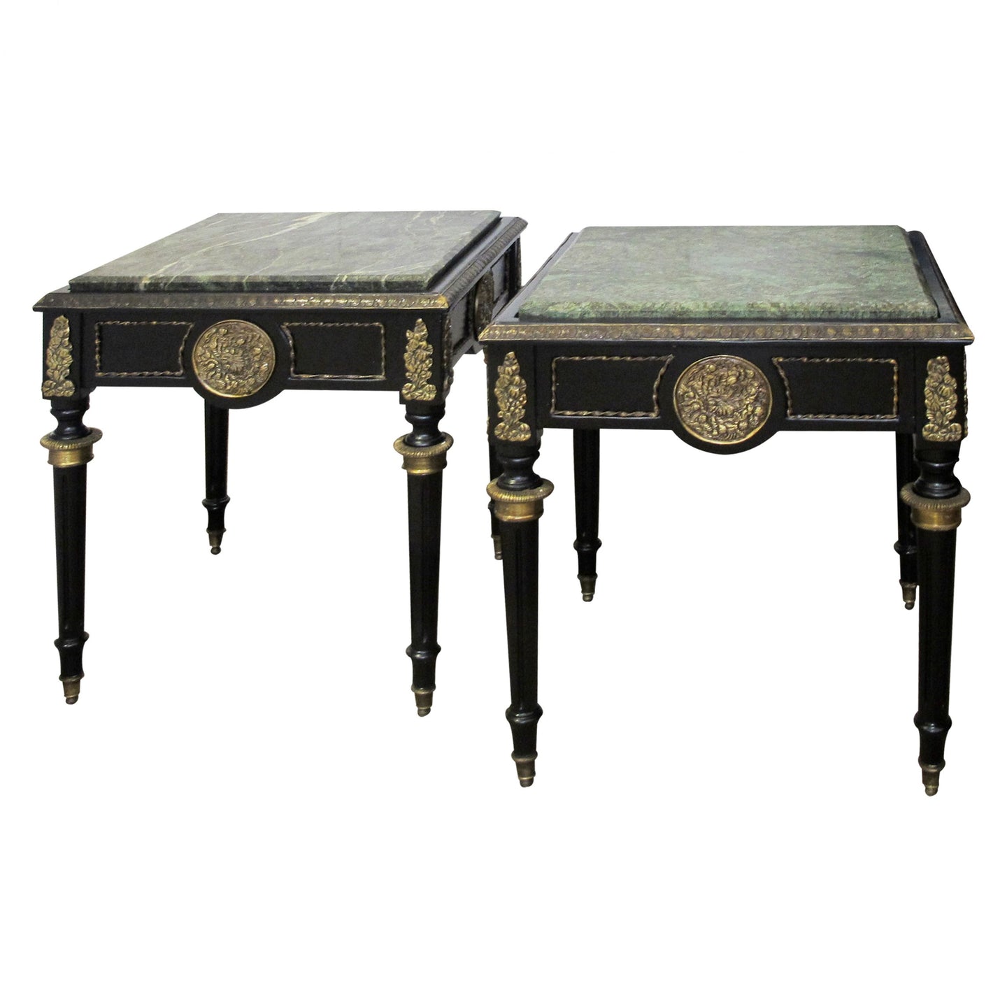 Mid-century French pair of side tables with green marble top