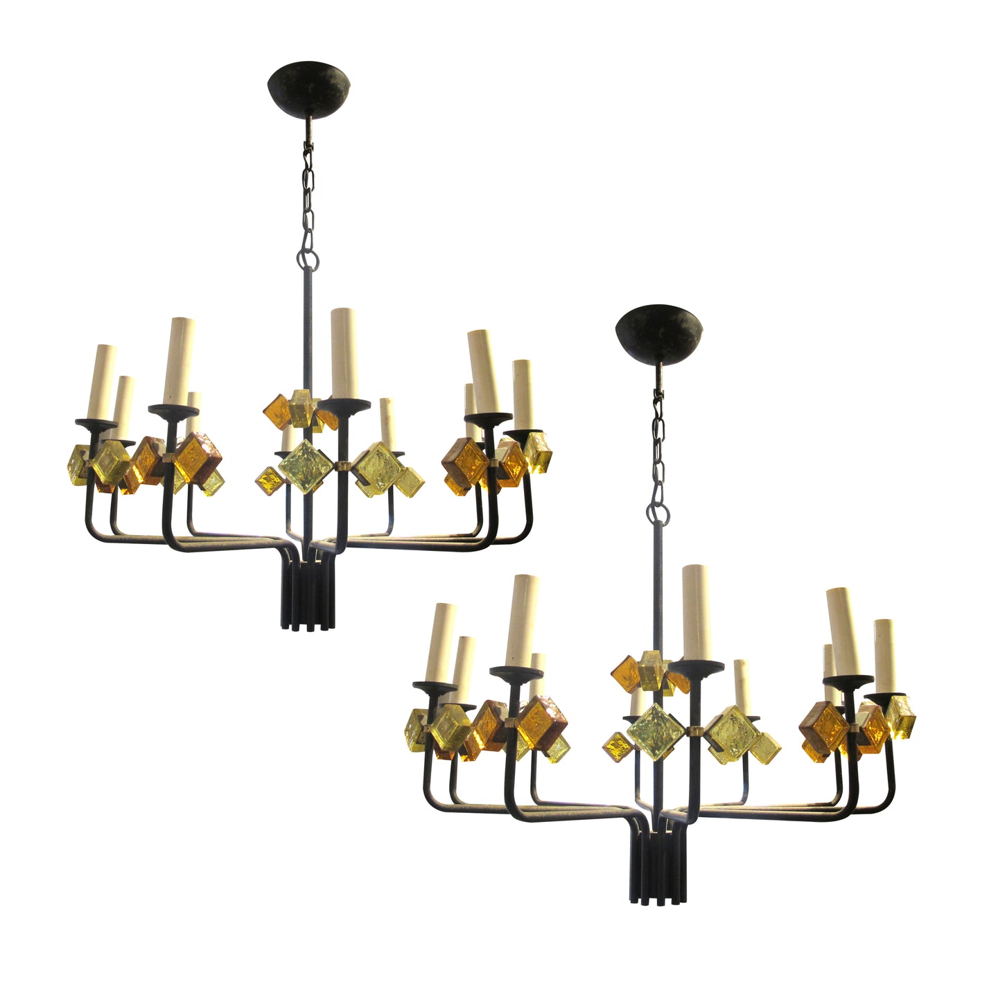 1950s Danish Pair of Iron and Coloured Glass Chandelier By Svend Aage Holm Sorensen