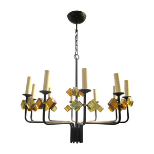 1950s Danish Pair of Iron and Coloured Glass Chandelier By Svend Aage Holm Sorensen
