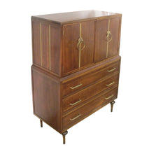 Load image into Gallery viewer, Large 1960s American Oak Tallboy with Brass Inlay by Vanleigh Furniture
