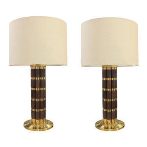 Spanish, 1970s Pair Of Tubular Walnut And Brass Table Lamps