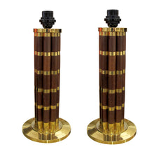 Load image into Gallery viewer, Spanish, 1970s Pair Of Tubular Walnut And Brass Table Lamps
