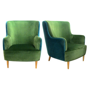 Custom Made Pair Of Armchairs Upholstered In Two Tones Fabric