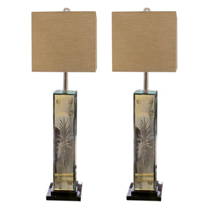 Italian, 1980s Large Venetian Etched Mirrored Pair Of Table Lamps