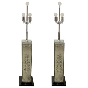 Italian, 1980s Large Venetian Etched Mirrored Pair Of Table Lamps