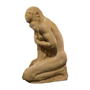 1950s French Terracotta Sculpture Of A Nude Man Kneeling