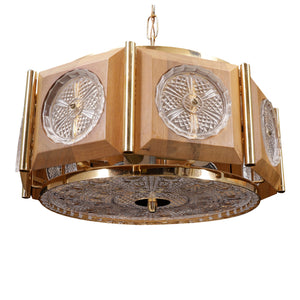 1950’s Swedish Circular Brass Ceiling Light With Walnut Frame