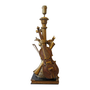 Italian 1950s Carved Wood Violin Musical Table Lamps