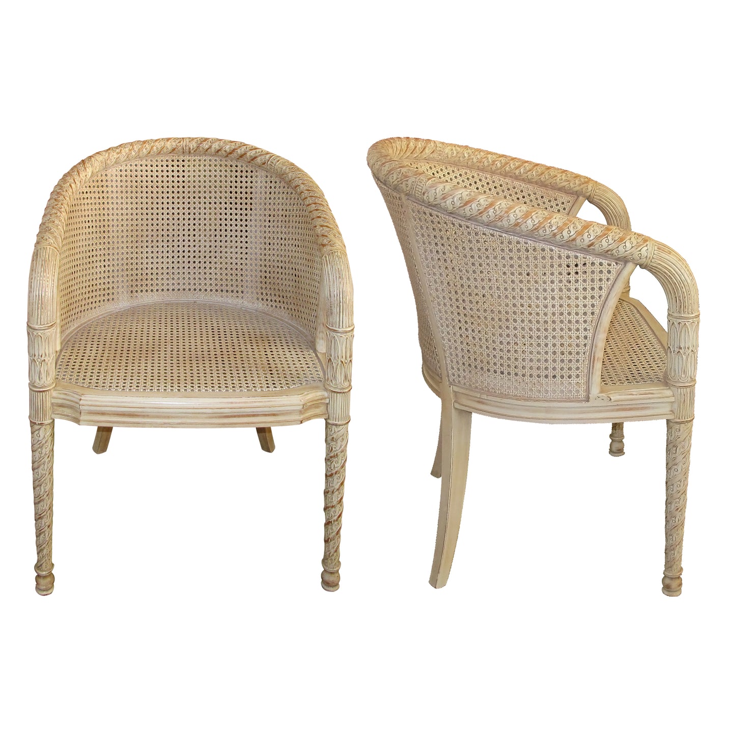 1960s French Pair of Cane Occasional Chairs with Hand-Carved Frame