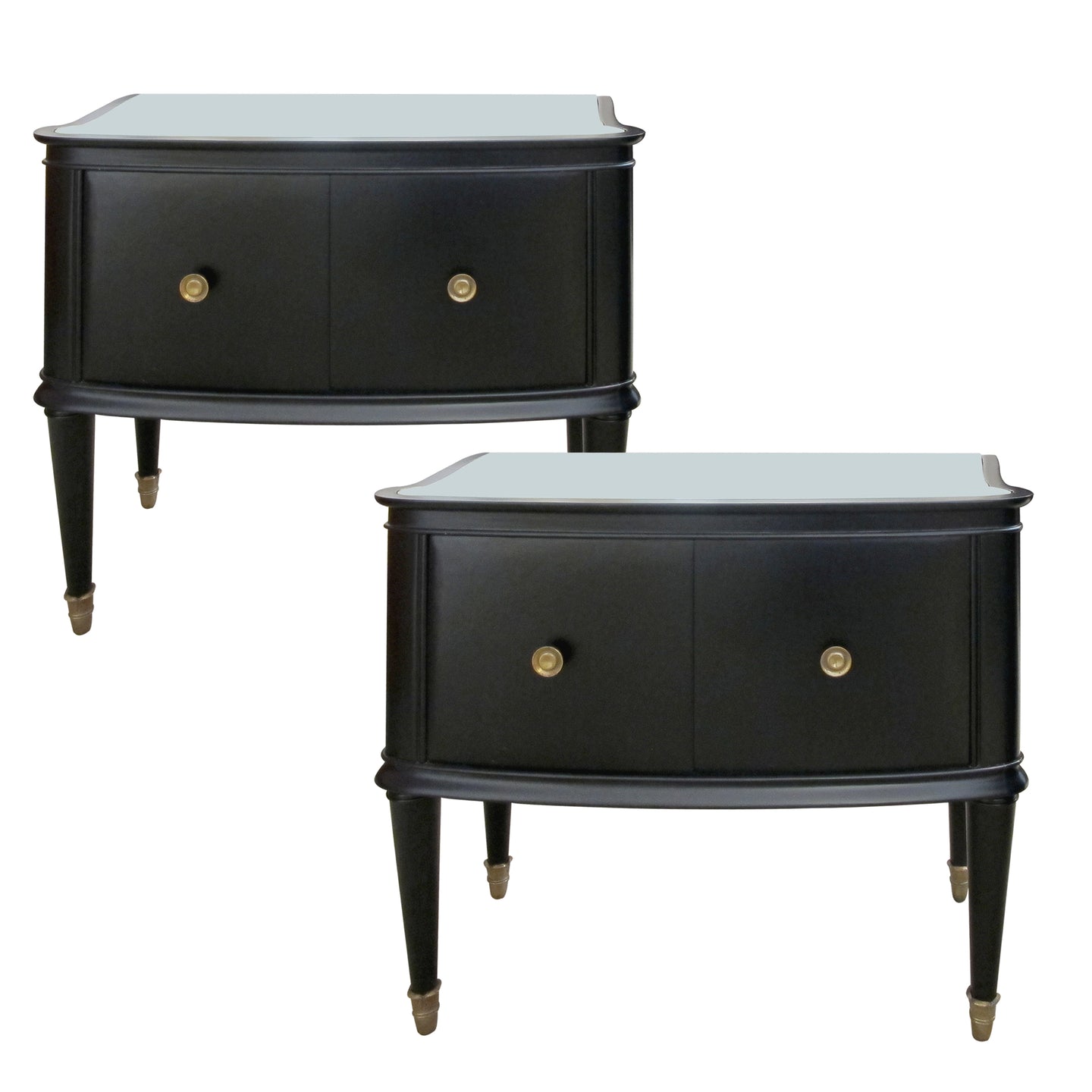 1950s Swedish Black Bow Fronted Pair of Night Stands with Mirrored Top