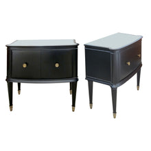 Load image into Gallery viewer, 1950s Swedish Black Bow Fronted Pair of Night Stands with Mirrored Top
