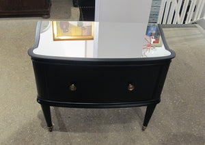 1950s Swedish Black Bow Fronted Pair of Night Stands with Mirrored Top