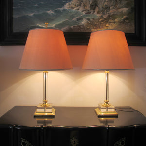 1970s Italian Pair of Large Lucite Table Lamps with Conic Lampshades