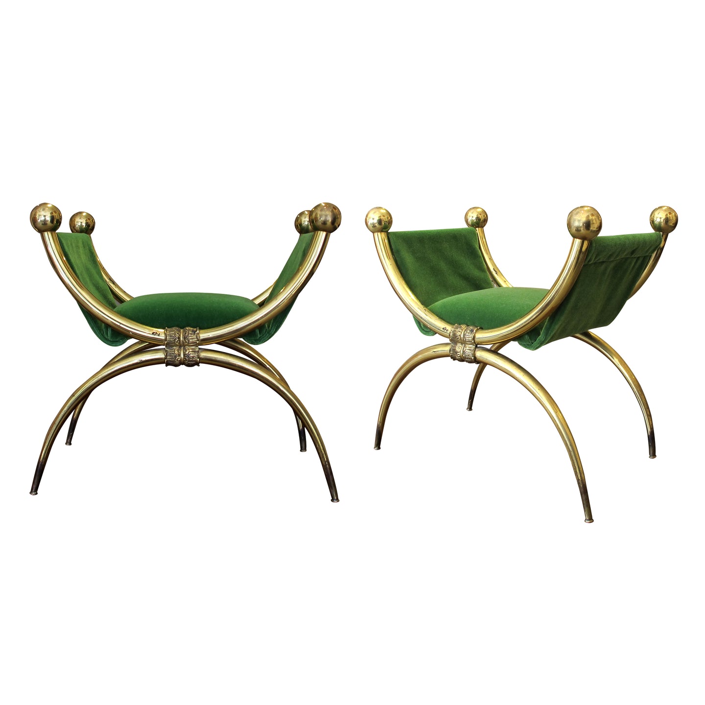 1940s/50s Italian Pair of Brass Curule Stools with Scrolled Legs