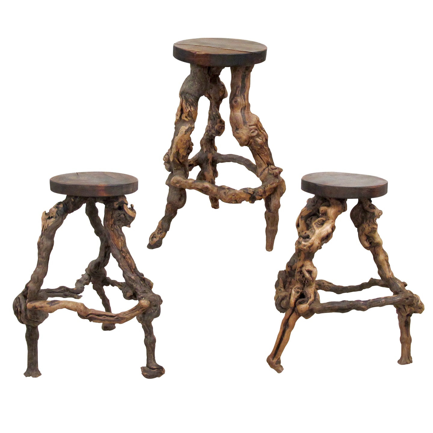 1950s French, Set Of 3 Twisted Grape-vine Roots Bar Stools