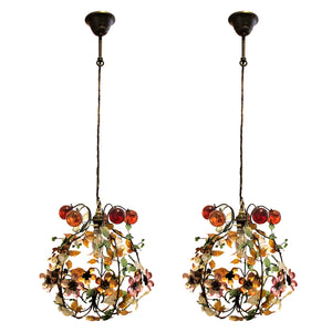 1950s French Pair of Multi-Coloured Floral Ceiling Pendant Lights
