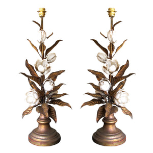 Italian 1950s Large Pair of Floral Toleware Table Lamps
