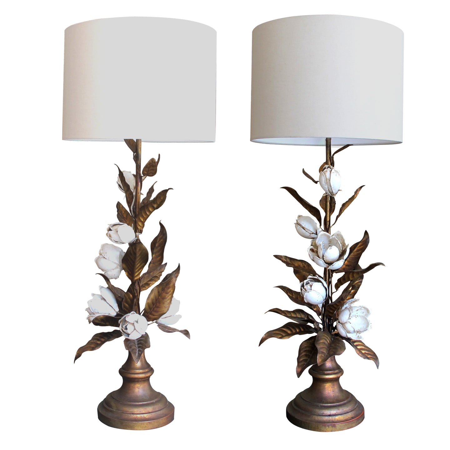 Italian 1950s Large Pair of Floral Toleware Table Lamps