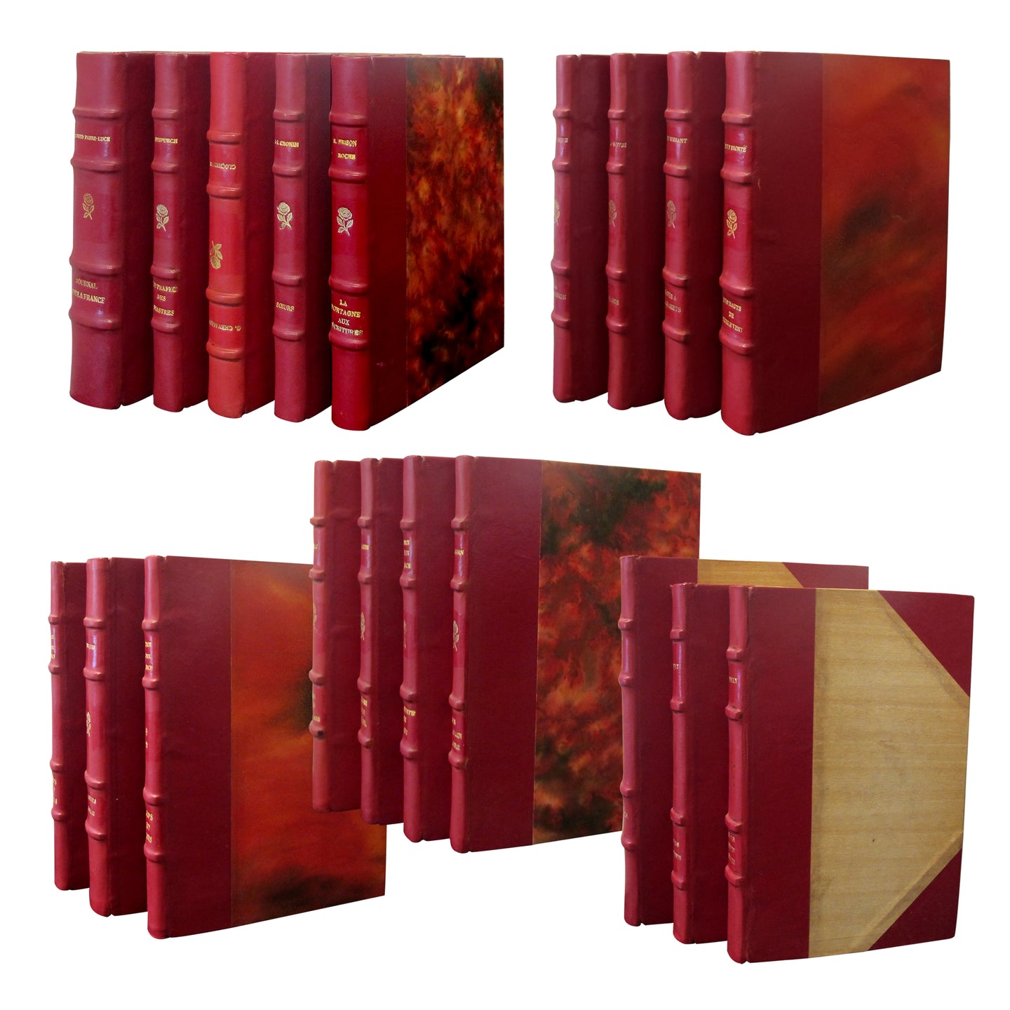 French Early 20th Century Set of 19 Novels Red Leather-Bound books