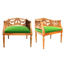 Load image into Gallery viewer, Early 1900s Swedish Pair of Armchairs with Carved Frame and Green Mohair Seats

