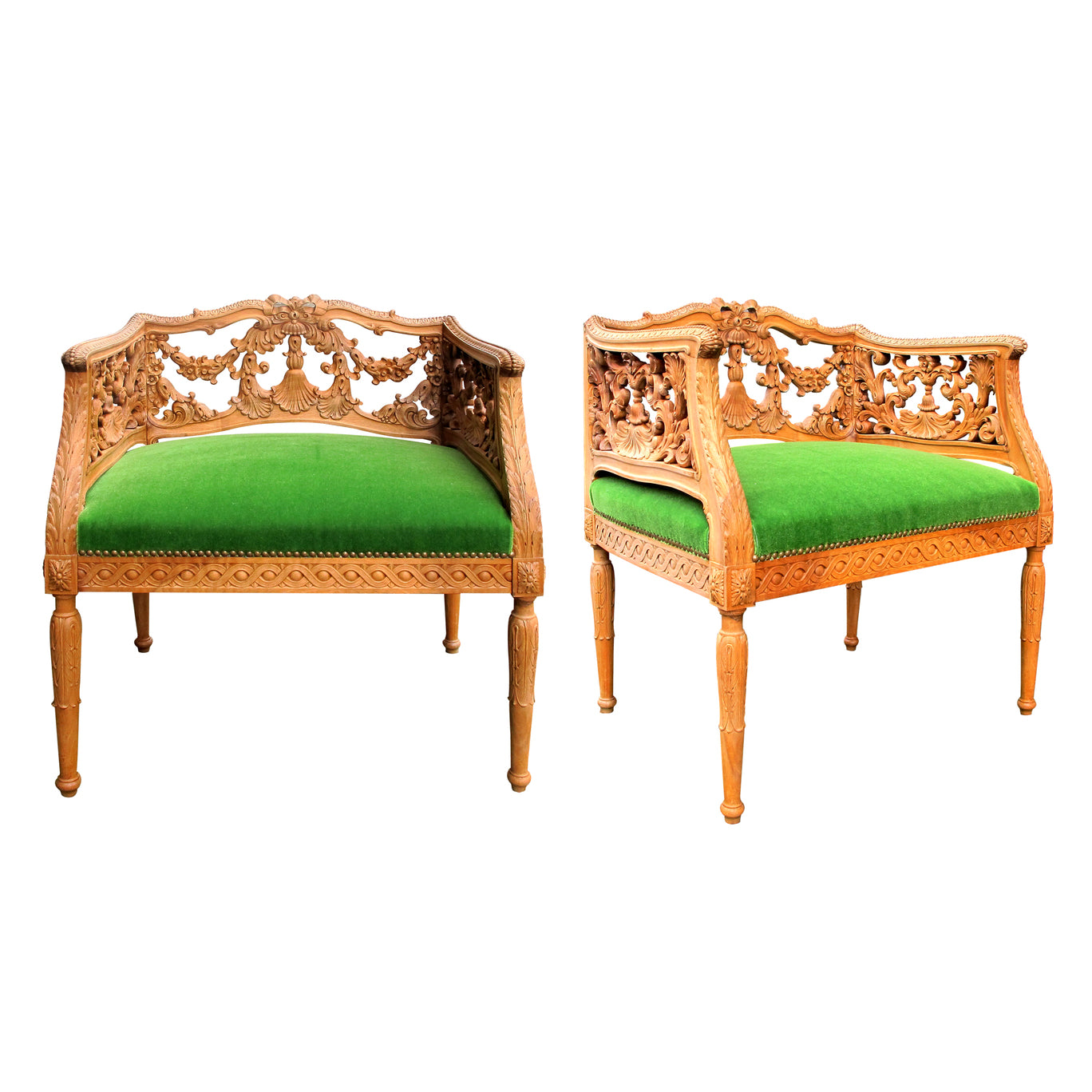Early 1900s Swedish Pair of Armchairs with Carved Frame and Green Mohair Seats