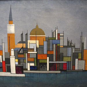 1940s Colourful Oil on Canvas of Cityscape by Hansen, Swedish