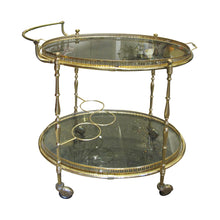 Load image into Gallery viewer, 1970s French Brass Oval Serving Bar Cart with Tray on Wheels
