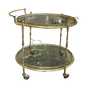 1970s French Brass Oval Serving Bar Cart with Tray on Wheels