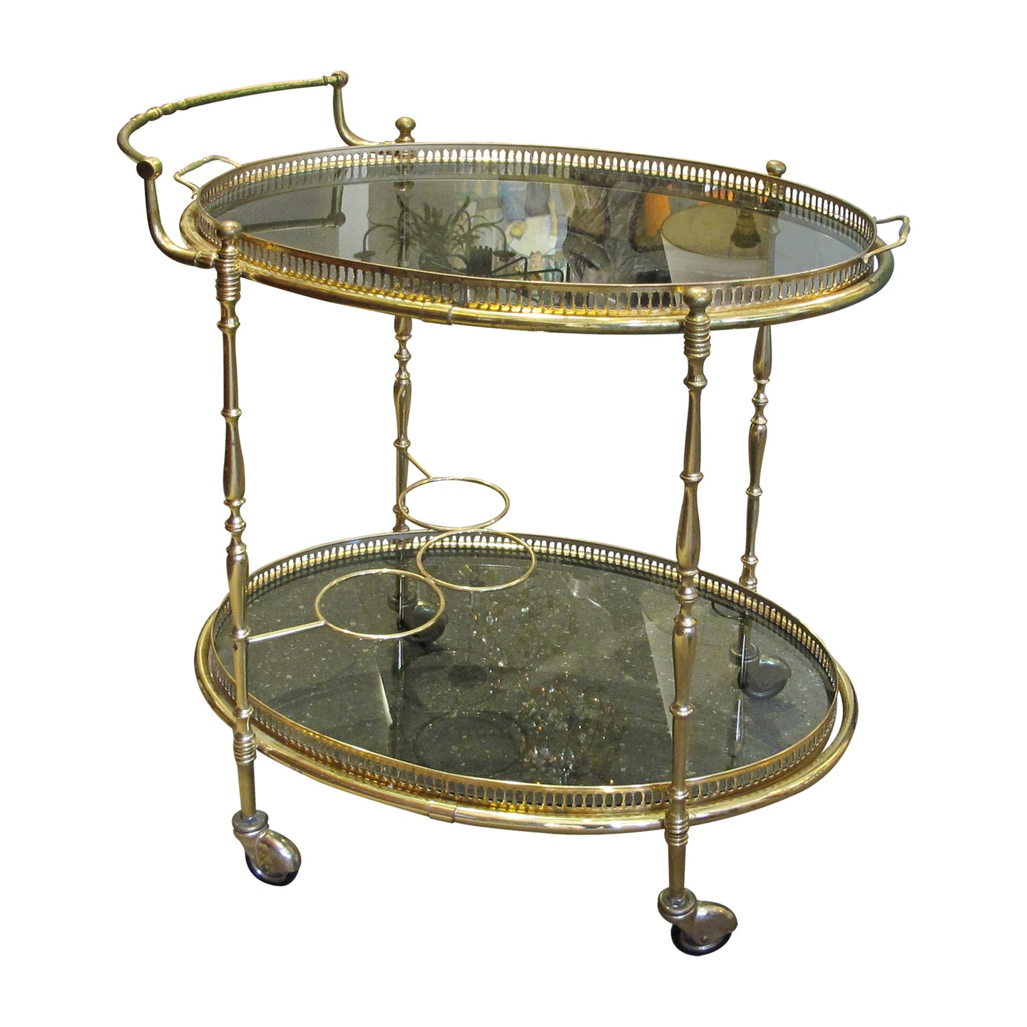 1970s French Brass Oval Serving Bar Cart with Tray on Wheels