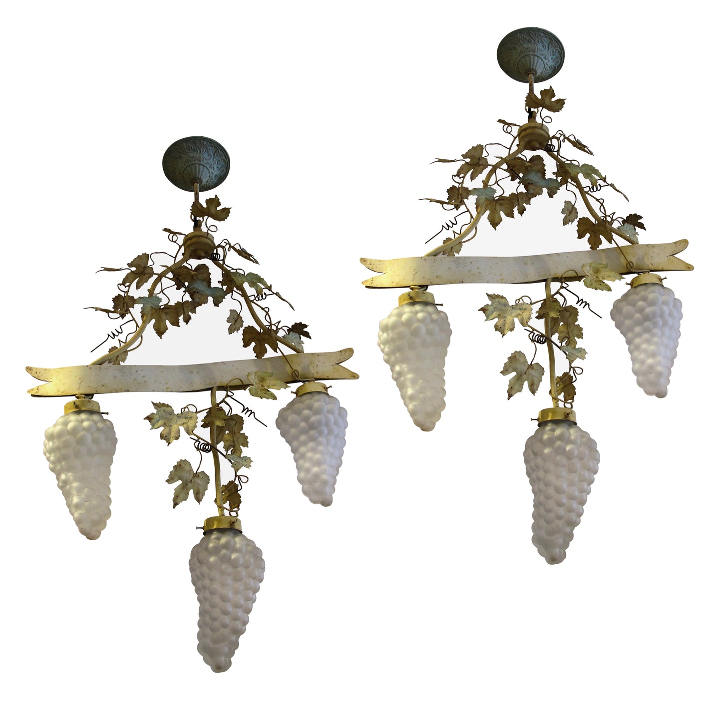 1950s Large Pair of Toleware Ceiling Lamps With Grapevine Glass Shades, French