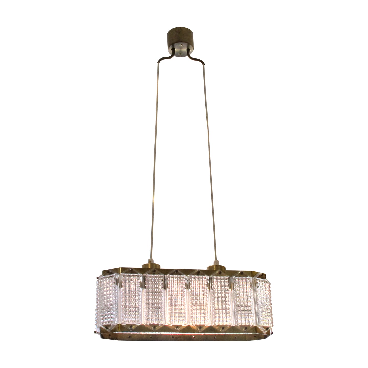 1960s Scandinavian Prism Moulded Glass and Brass rectangular Ceiling Light