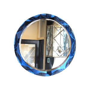 1960 Round Mirror With a Large Bevelled Deep Blue Frame, Italian